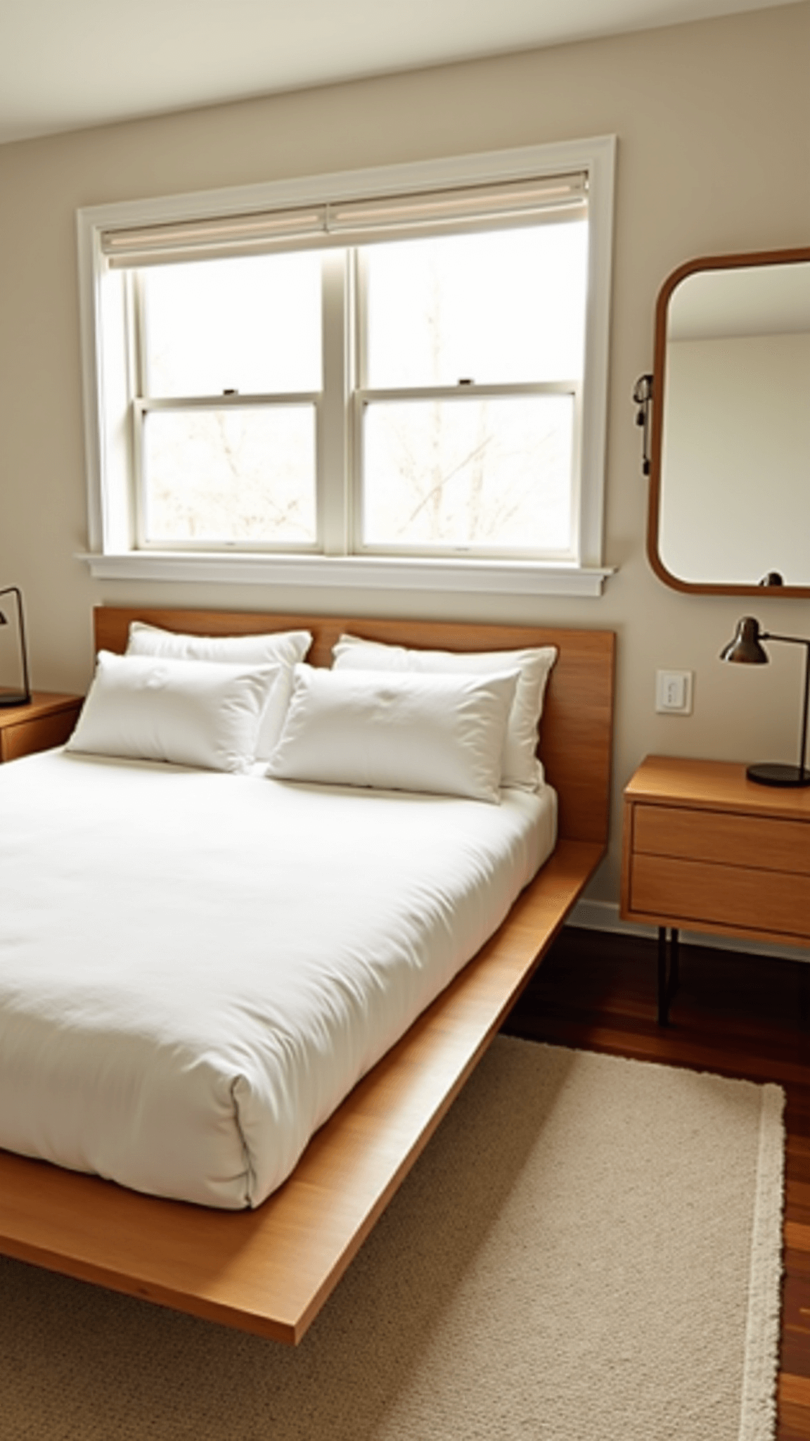 Golden hour view of a modern 12x14ft bedroom with white roman shades, platform bed in light oak dressed in white linen, minimalist nightstands with brass reading lamps, oversized mirror, and ivory wool rug.