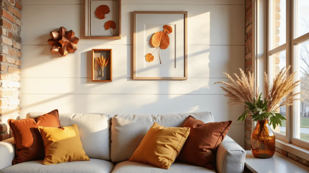 "Cozy living room with cream walls, copper decorations, various autumn elements, and natural light streaming through large windows"