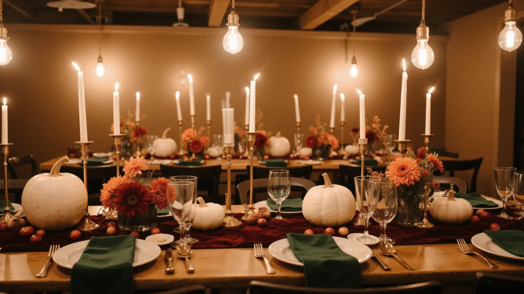 "Autumn wedding tablescape with burgundy velvet runner, brass candlesticks, white pumpkins, plum dahlias, and golden ambient lighting on rustic wooden table"