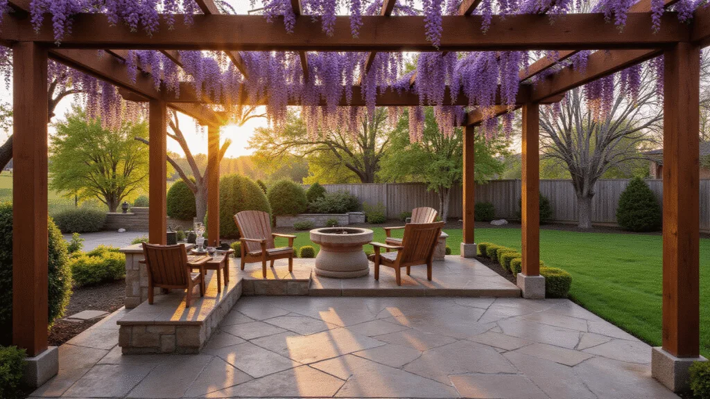 "A serene backyard oasis at sunset with a pergola draped in purple wisteria, stone pavers, and weathered teak furniture, captured in high-end architectural photography style"