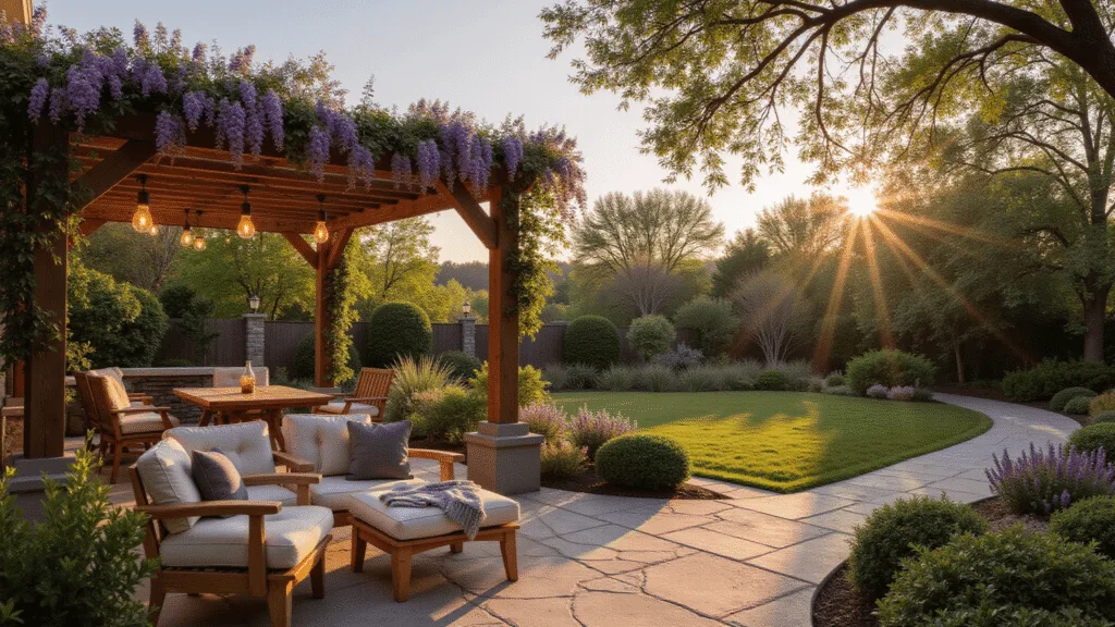"Dreamy backyard with wooden pergola, blooming wisteria, stone path, and comfortable teak furniture under Edison string lights at golden hour"