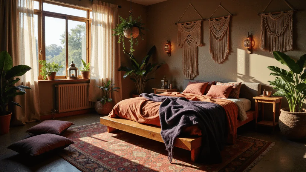 "Boho-styled bedroom with sunlit jewel-toned textiles, Persian rugs, macramé wall hangings, brass lanterns, and hanging plants"