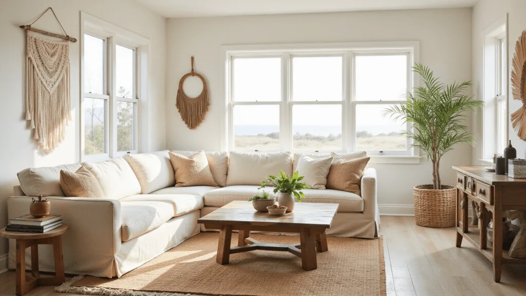 "Boho coastal living room with cream linen sofa, rattan chair, driftwood table, macrame wall hanging, streaming natural light, layered Moroccan rugs and palm fronds in earthy tones"
