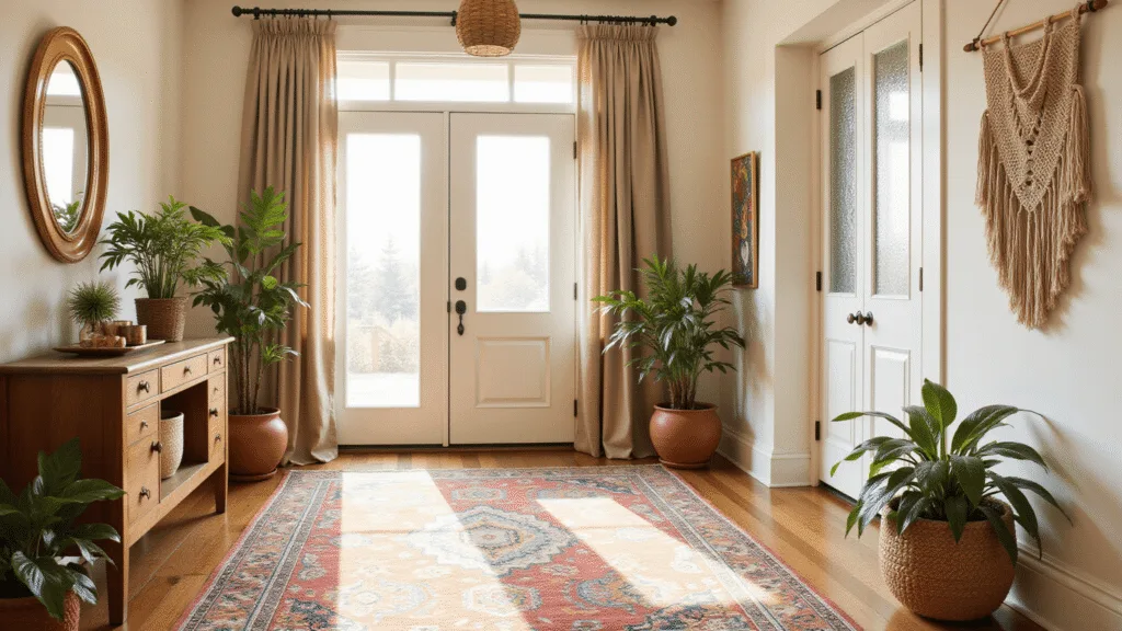 "Sunlit boho entryway with vintage elements, layered Persian rugs, potted plants and soft natural lighting."
