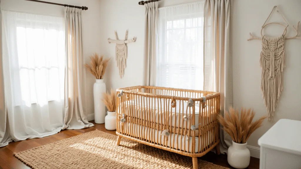 "Boho nursery with rattan crib, macramé wall hangings, pampas grass in ceramic vases, and morning sunlight streaming through linen curtains"