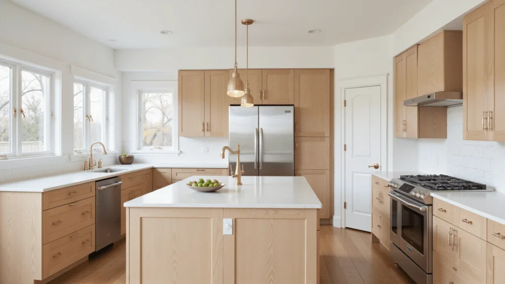 "Modern, airy kitchen design with natural light illuminating light oak cabinets, cream quartz countertops, brass hardware, stainless steel appliances, and minimalist pendant lights."
