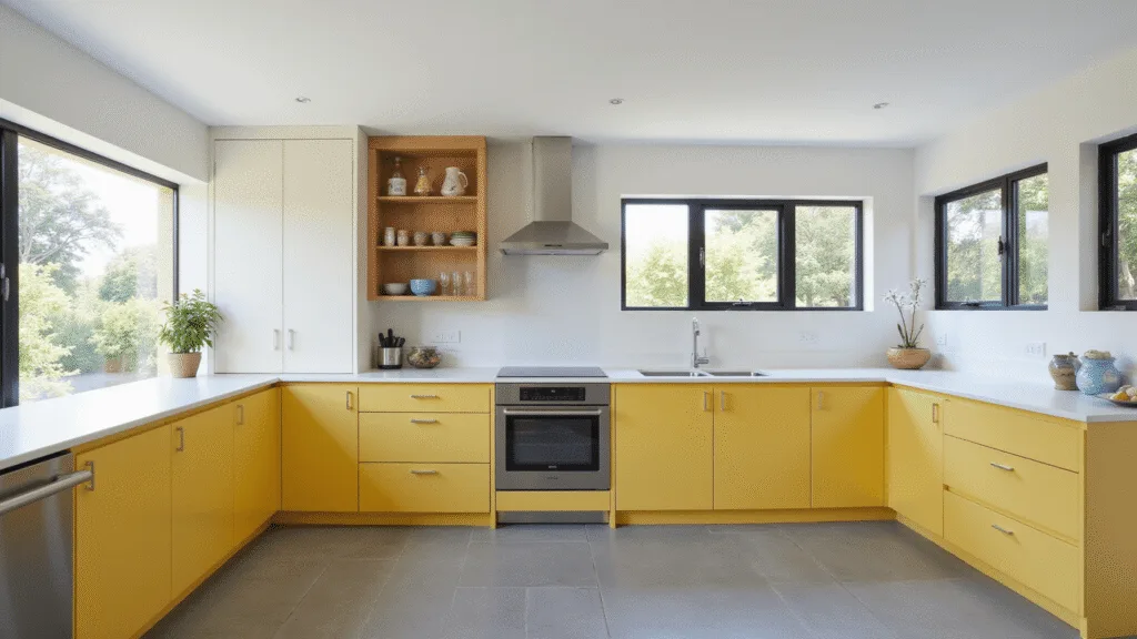 "Bright modern yellow kitchen with white quartz countertops, natural light from windows, minimalist design, stainless steel appliances, and gray porcelain floor"