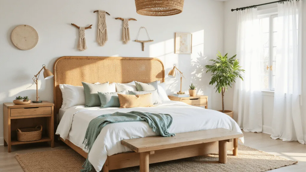 "Sunlit coastal boho bedroom with a rattan headboard, seafoam green and white linen bedding, macramé wall hangings, and driftwood accents"