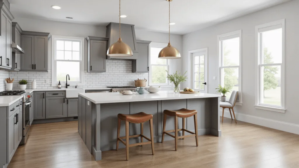 "Modern kitchen with gray cabinets, white quartz countertops and brass pendant lights, illuminated by morning light"
