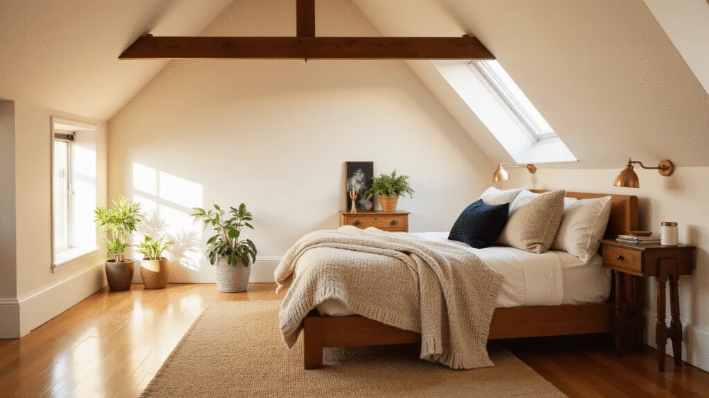 "Cozy attic bedroom with cream walls, wooden beams, velvet cushions, dormer windows and natural light"