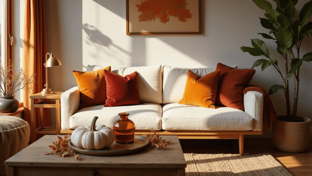 Mid-century modern living room with cream sofa, autumn-toned pillows, vintage brass lamp, oak coffee table with white ceramic pumpkins, filmed during golden hour in 4K quality.