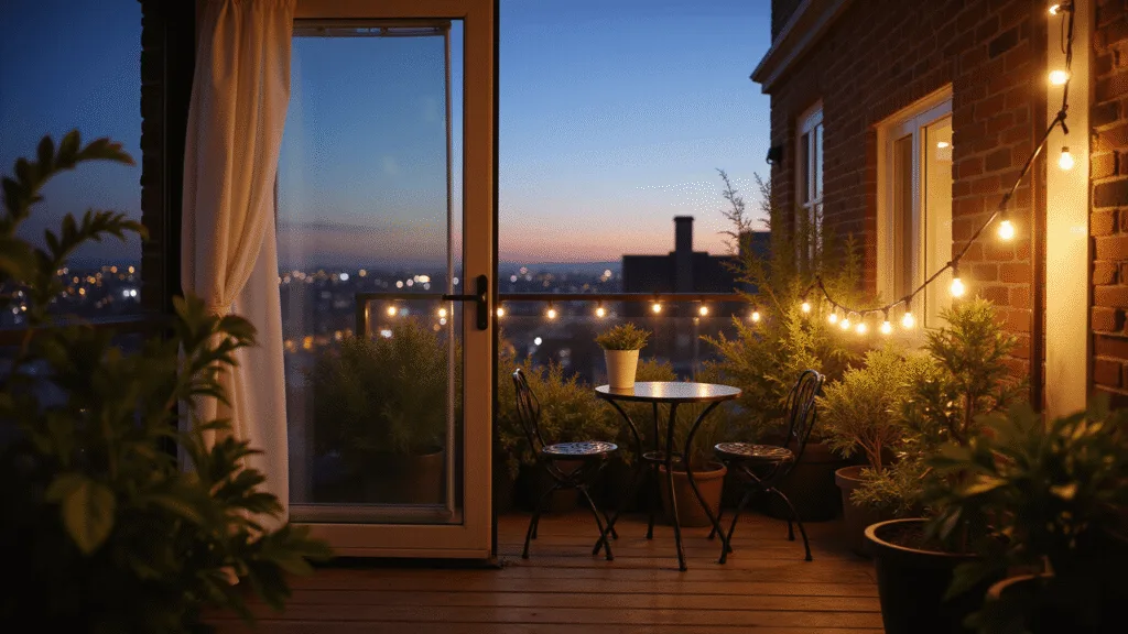 "Cozy urban balcony with bistro set, string lights, potted plants and billowing curtains at sunset"