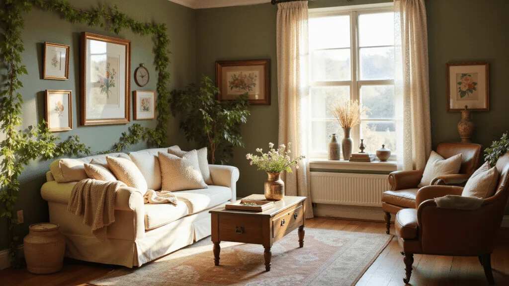 "Sunlit cottagecore living room with vintage decor, cream sofa, moss green walls, and antique botanical prints"