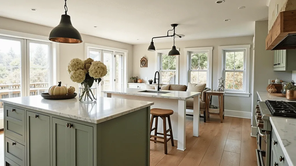 "Modern farmhouse kitchen with sage green cabinets, white oak floors, marble island, decorated with heirloom pumpkins, dried hydrangeas, and warm sunlight."