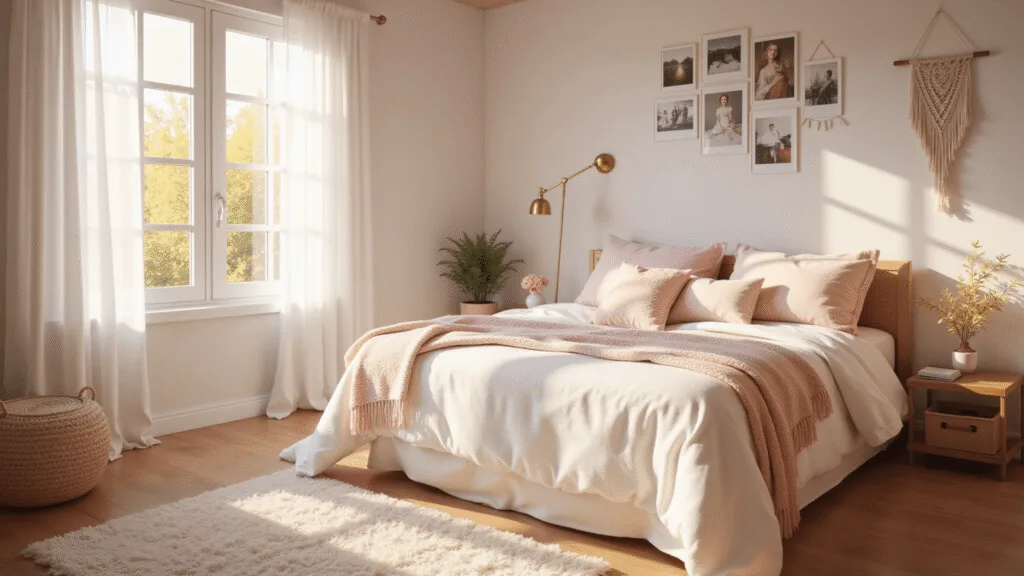 "Cozy pastel bedroom with pink blankets, fluffy pillows, polaroid wall collage, brass lamp, and macramé wall hanging, bathed in warm sunlight"