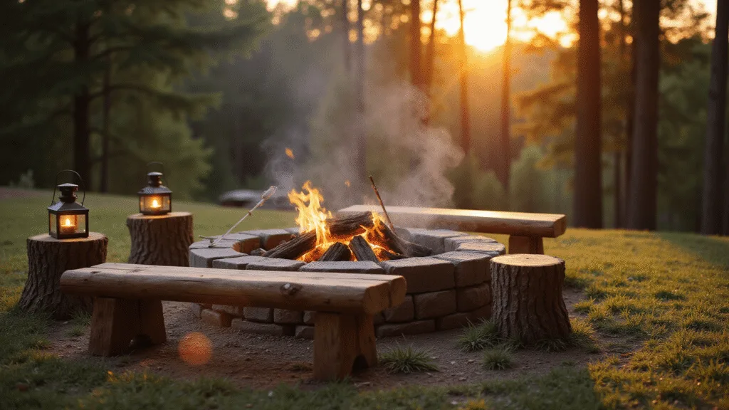 "Rustic stone fire pit with log benches, tree stump tables, and vintage lanterns during sunset in a pine forest"