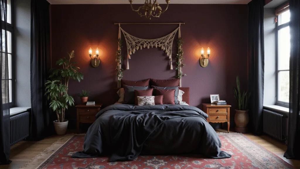 "Dimly lit bohemian-themed bedroom with purple walls, king-size bed with dark textiles, vintage lighting fixtures, macramé wall hangings, houseplants and a Persian rug."