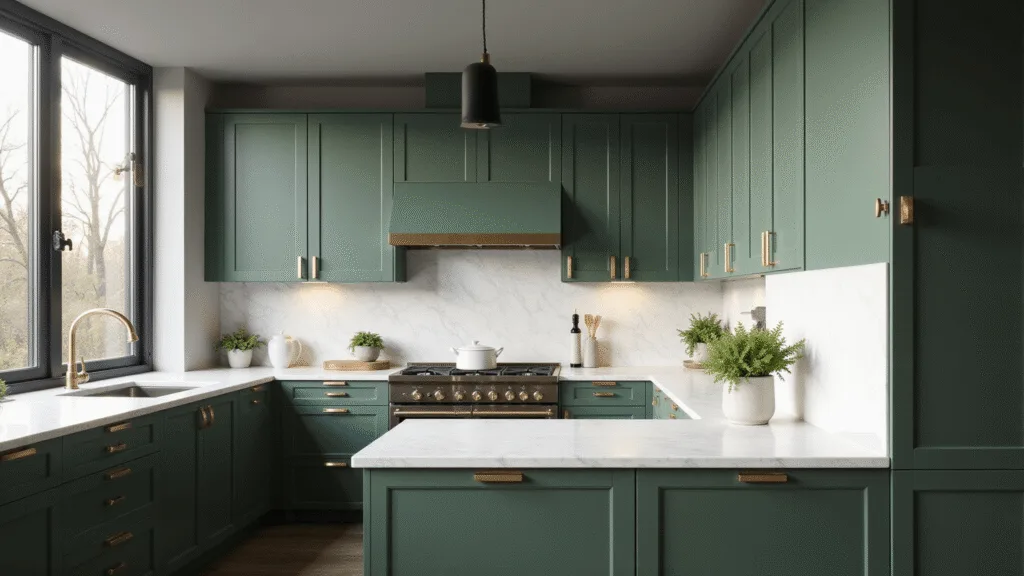 "Sophisticated, dark green kitchen with marble countertops, brass hardware and pendant lights, styled with minimal white ceramics and fresh herbs"