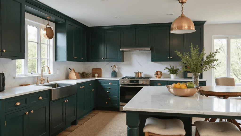 "Luxurious modern kitchen with forest green cabinets, white Carrara marble countertops, antique brass hardware, and hanging copper cookware under soft natural light"