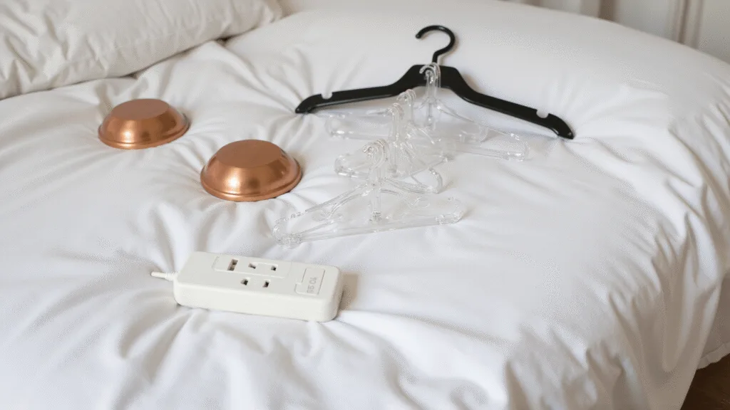 "Neatly arranged dorm essentials including copper bed risers, command hooks, and a power strip on pristine white bedding"
