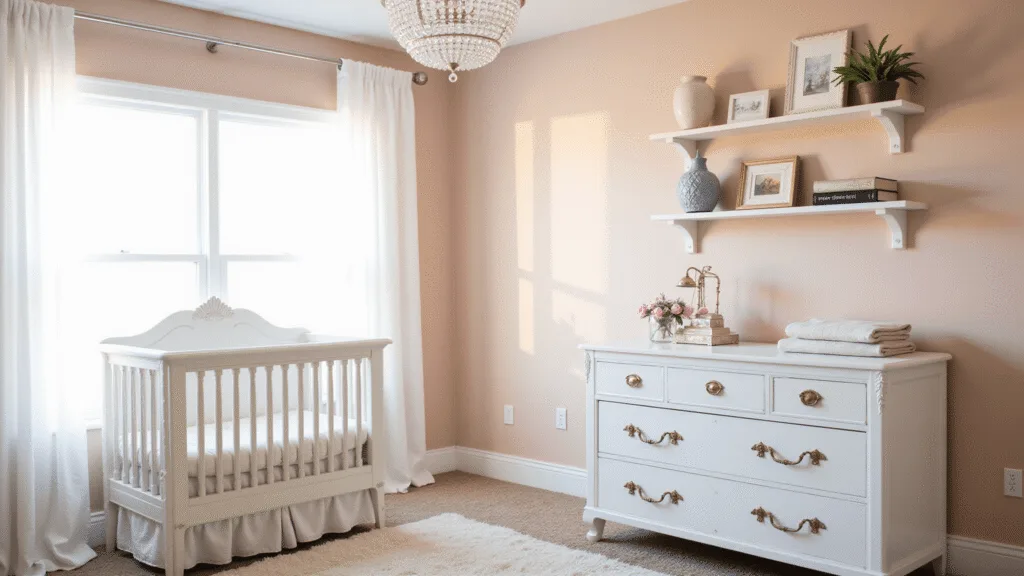 "Dreamy nursery with blush pink walls, white vintage crib, crystal chandelier, antique dresser, and soft textiles lit by golden hour sunlight"