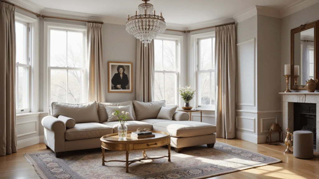 "Elegant living room with crystal chandelier, velvet sofa, Persian rug, and brass accents in morning sunlight."