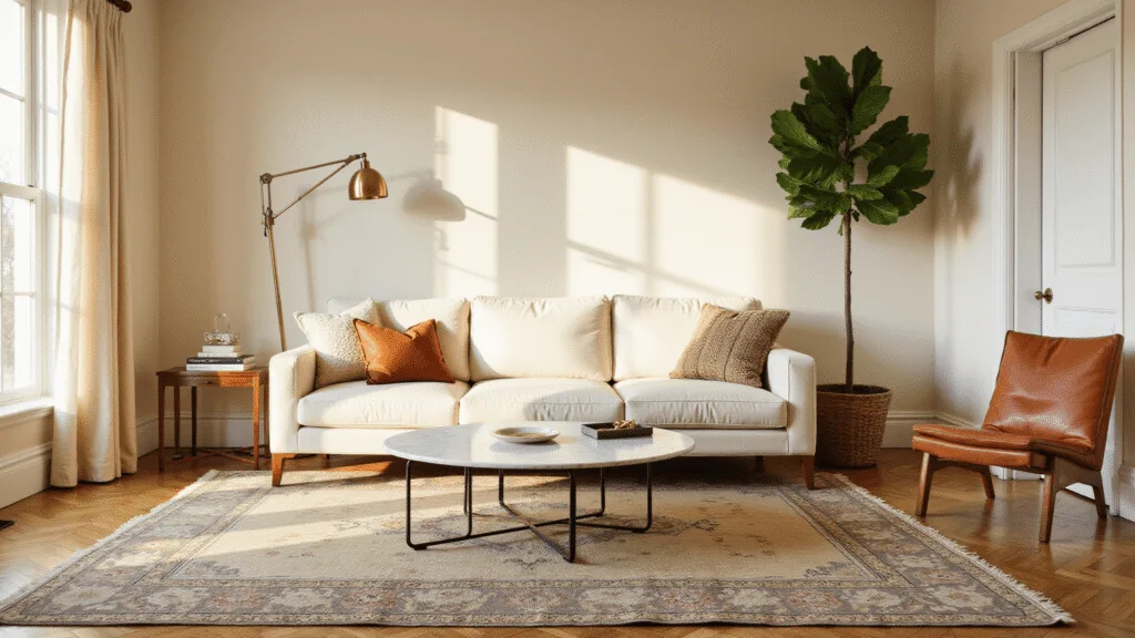 "Elegant sunlit living room with cream sofa, vintage Persian rug, brass lamp, marble coffee table, fiddle leaf fig plant, and natural oak floors during golden hour"