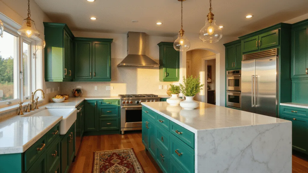 "Luxurious kitchen with emerald green cabinets, Carrara marble countertops, brass accents, and sunlight casting dramatic shadows during golden hour"