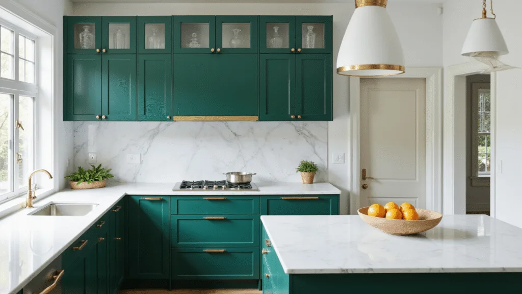 "Emerald green modern kitchen with brass fixtures, white marble countertops and a quartz island in morning light"
