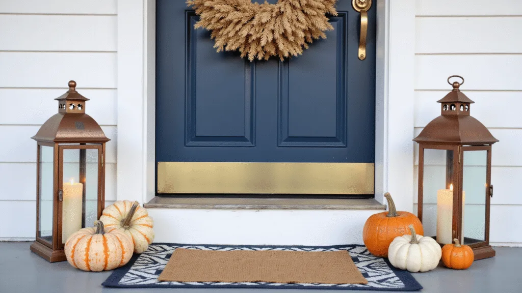 "Farmhouse entryway with navy blue door, wheat and hydrangea wreath, heirloom pumpkins and vintage lanterns on wooden steps"
