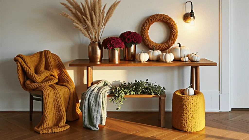 "Fall-themed living room decor with vintage console table, ceramic pumpkins, floral arrangements, wheat wreath, and warm throw blankets in yellow and sage green against hardwood floors"