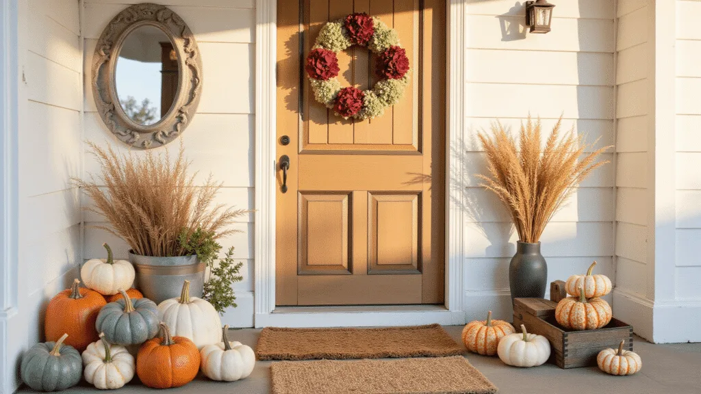 "Cozy farmhouse entryway with golden light, decorated with pumpkins, a wreath, and a weathered copper mirror"