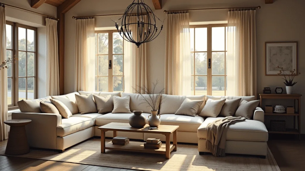 "Cozy farmhouse living room with cream linen sectional sofa, weathered oak coffee table, Persian rug, sheer curtains, black iron chandelier, vaulted ceilings during golden hour"