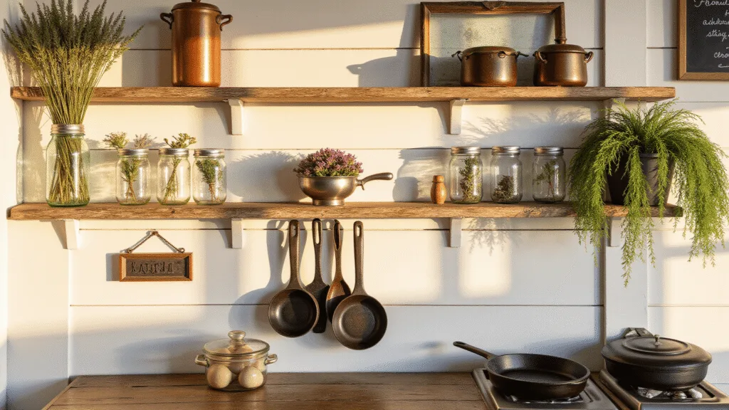 "Rustic farmhouse kitchen interior with wooden shelves, vintage cookware, dried herbs, white walls, antique window frame, metal accents, wildflower-filled mason jars, cast iron skillets, and black chalkboard with menu."