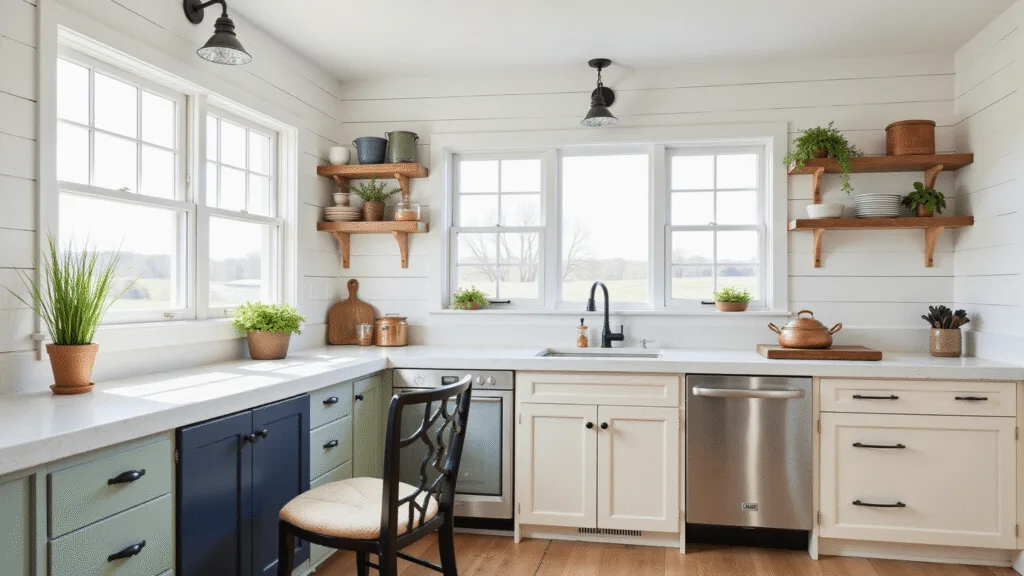"White shiplap walls in a farmhouse kitchen with cream cabinets, sage accents, navy details, warm wood tones, vintage copper cookware, fresh herbs, and natural light streaming through clean windows."