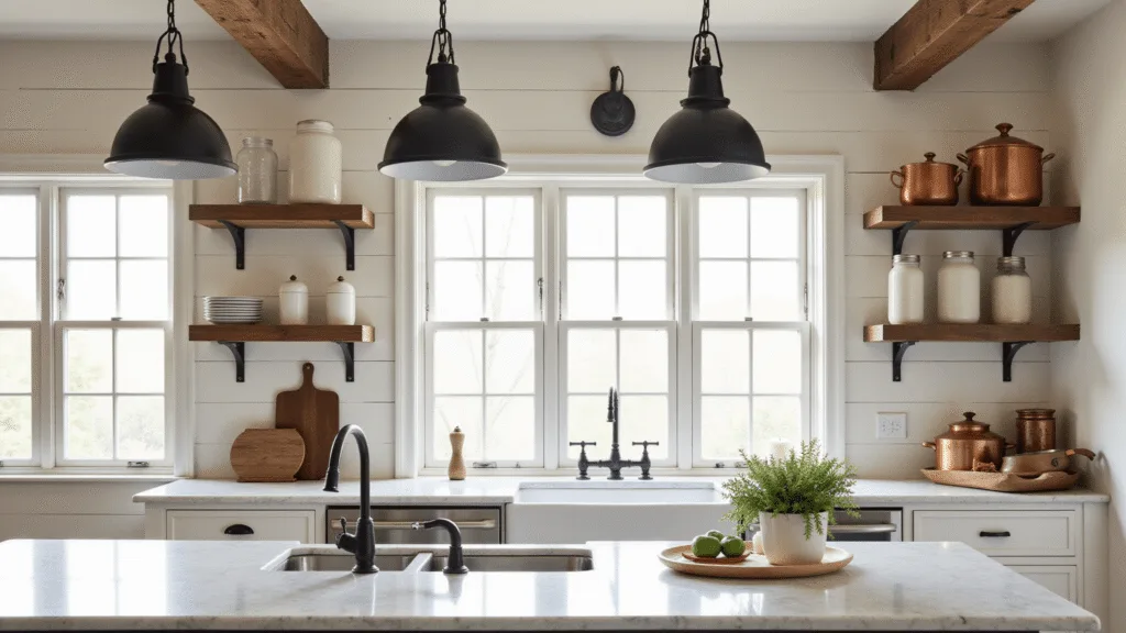 "Sunlit farmhouse kitchen with black pendant lights, exposed rustic beams, and vintage copper cookware"