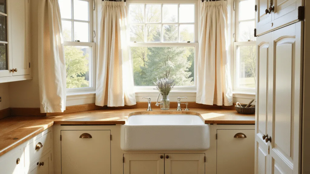 "Sunlit vintage farmhouse kitchen with white curtains, bay window, lavender on butcher block counters, brass hardware and oak floors"