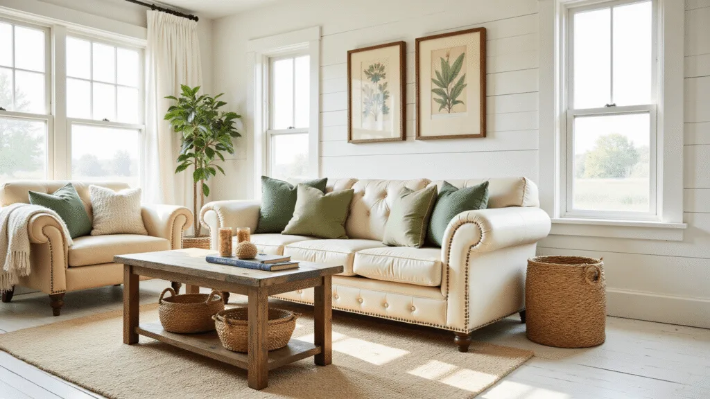 "Farmhouse living room with a Chesterfield sofa, reclaimed wood coffee table, vintage botanical prints, woven baskets and sage accents in warm afternoon light."