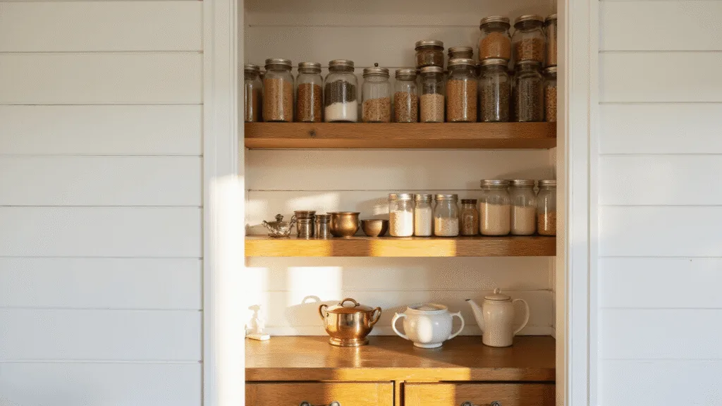 "Sunlit farmhouse pantry with white shiplap walls, rustic oak shelving, and vintage kitchenware in golden light"