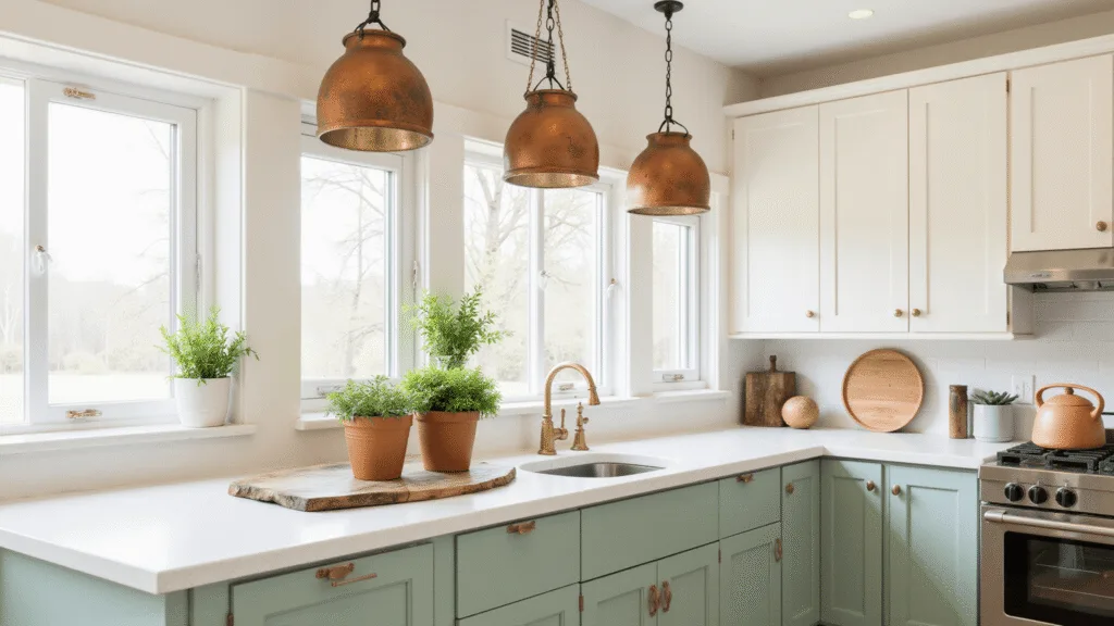 "Sunny farmhouse kitchen with white and sage green cabinets, brass hardware, cream quartz countertops, vintage copper pots, fresh herbs, and a rustic wooden cutting board."