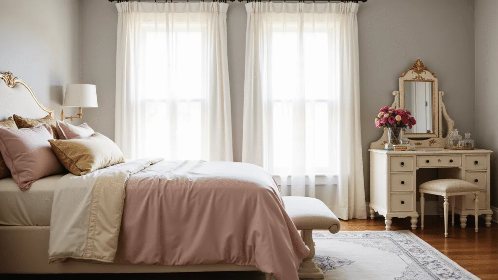 "Luxurious feminine bedroom with blush pink silk bedding, vintage vanity, and golden light"