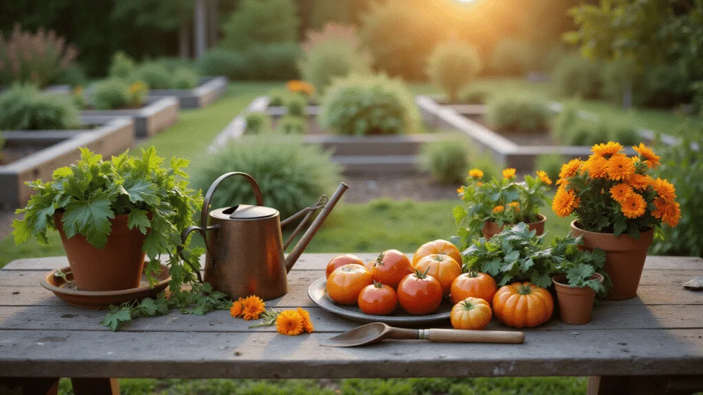 "Fresh vegetables on a vintage potting bench in a garden during golden hour"