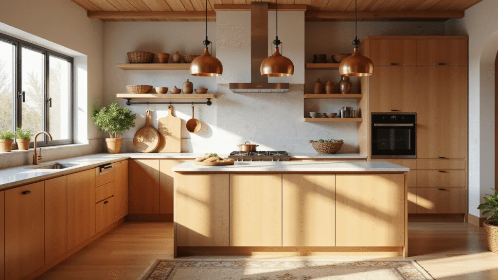 "Sunlit modern rustic kitchen with golden oak cabinets, vintage copper cookware, fresh herbs and warm earth tones"