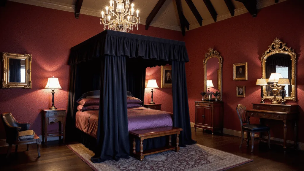 "Gothic bedroom at twilight with black velvet four-poster bed, brass candelabras, crystal chandelier, burgundy damask walls, antique furniture, and dramatic shadows."