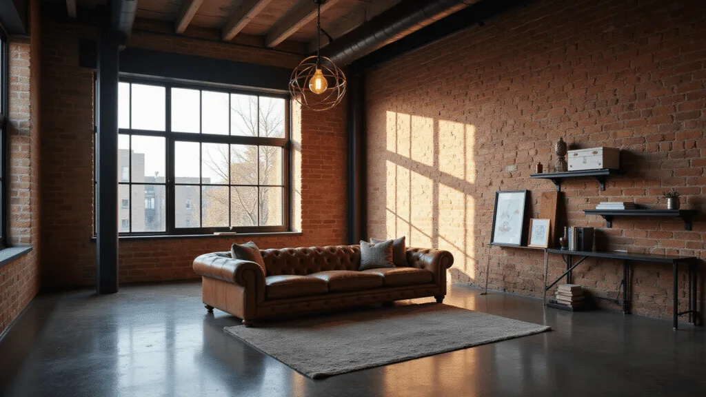 "Sunny industrial loft living room with exposed brick walls, concrete floor, leather Chesterfield sofa, and Edison bulb chandelier"