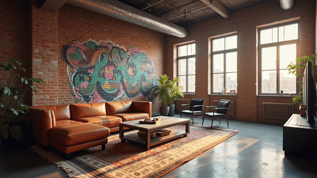 Sunny industrial loft living room with exposed brick graffiti art, leather sectional, metal coffee table, vintage Persian rug, neon lights and morning light.