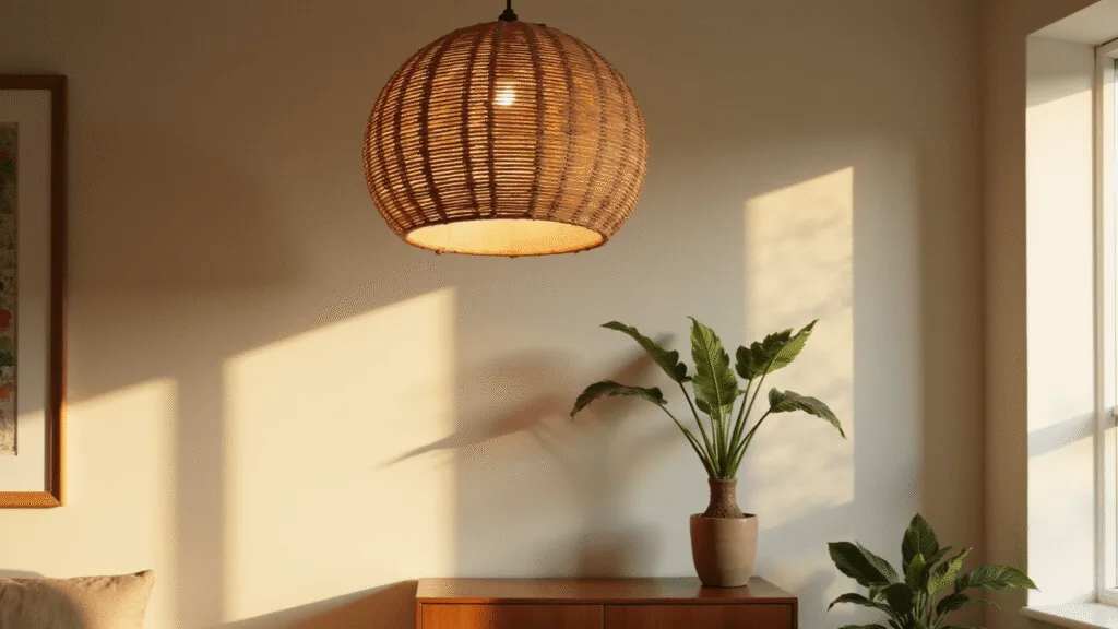 "Japandi pendant light made of bamboo and rice paper floating above a minimalistic living room under warm natural light, casting soft shadows."