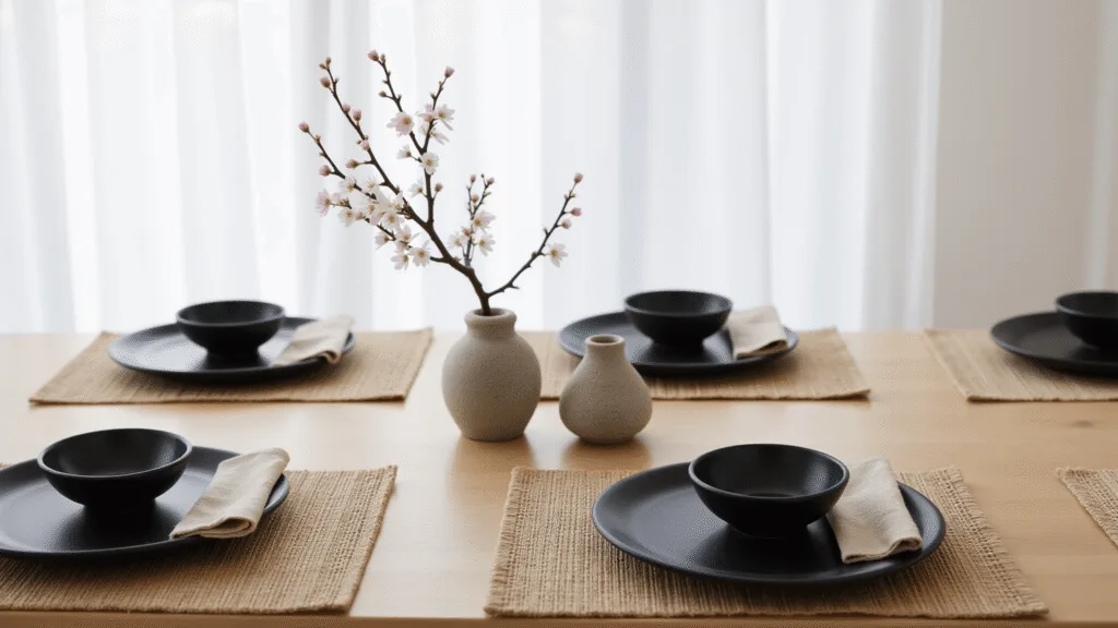 "Japandi-style dining table with oak surface, ceramic plates, bamboo placemats, and beige linen napkins, lit by soft natural light"