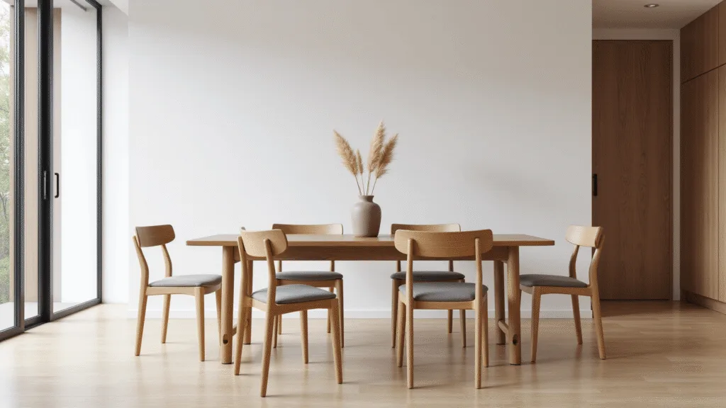 "Minimalist Japandi dining room with natural oak chairs and walnut accents in soft morning light"