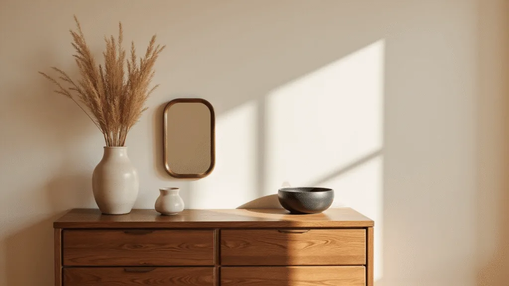 "Japandi-style bedroom with walnut dresser, ceramic vases and dried pampas grass in morning light"